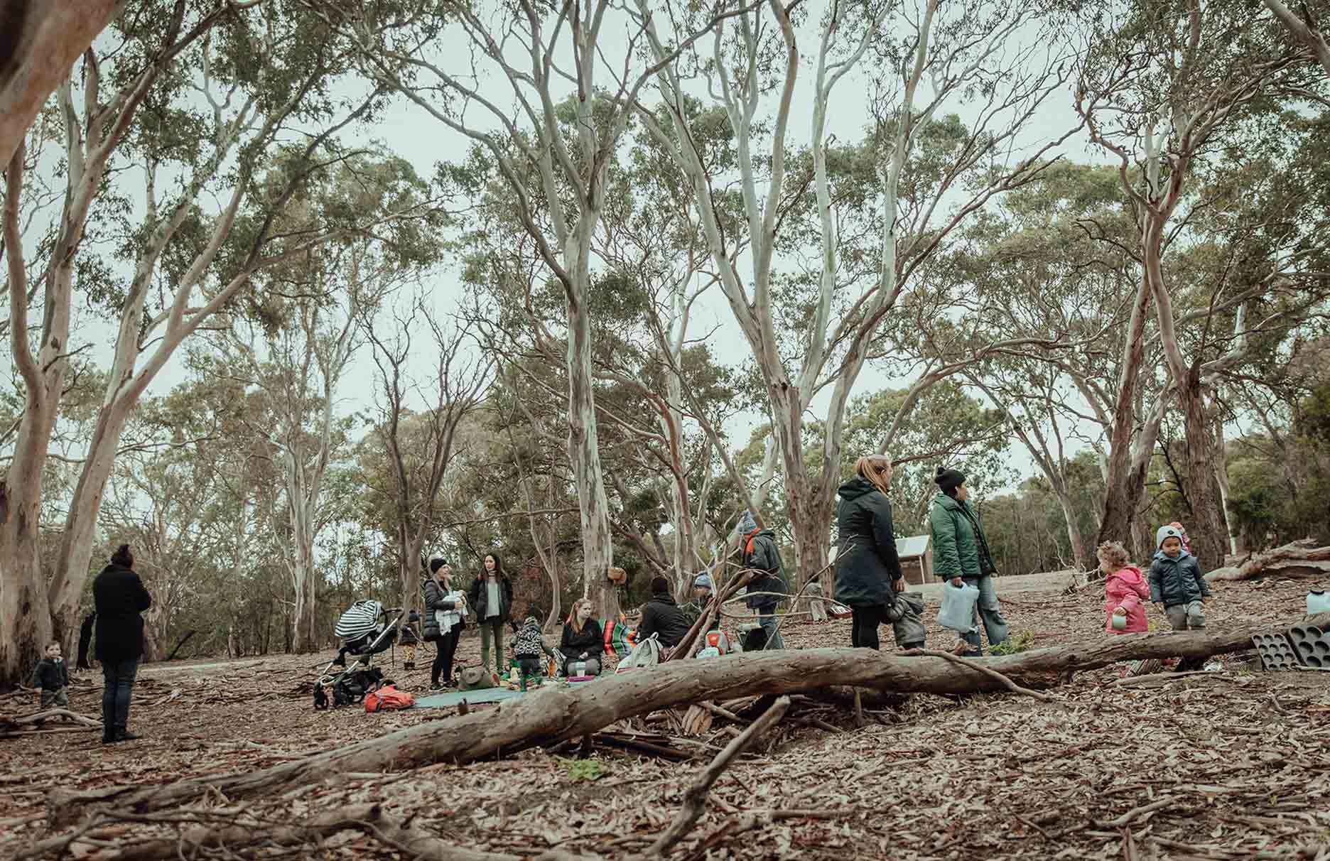 A bush playgroup session at Braeside Park. Parents, carers and siblings stay and participate.