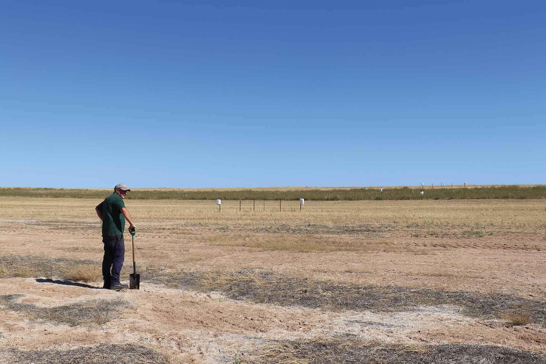 Chris McDonough inspects a dried-up Mallee seep near the Victoria/South Australia border below a strategically sown strip of lucerne established on the mid slope to stop the flow of water into the seep. 
