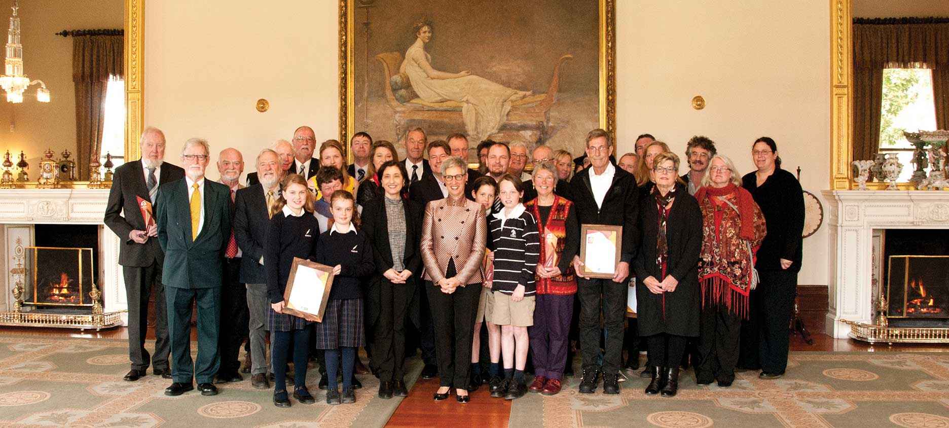 The winners of the 2017 Victorian Landcare Awards with the Minister for Energy, Environment and Climate Change Lily D’Ambrosio, and Her Excellency The Honourable Linda Dessau AC, Governor of Victoria.