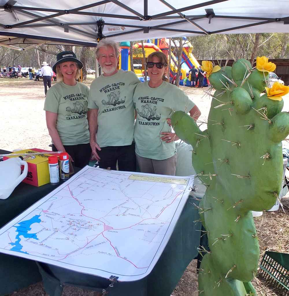 Cactus warriors Cheryl Kane (from left), Steve Templeton and Bridie O’Rielly operate an information stall at the Maldon-Barringhup Agricultural Show.