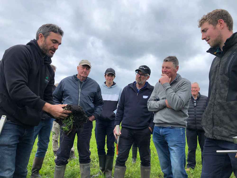 Angus Tracy (far right) and his father Stuart Tracy (second from right) join other farmers at a field day with multispecies cropping advocate Grant Sims.