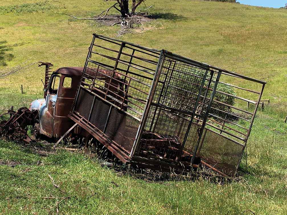 A burnt truck in Tynong North sits in green grass – a reminder of the fires.