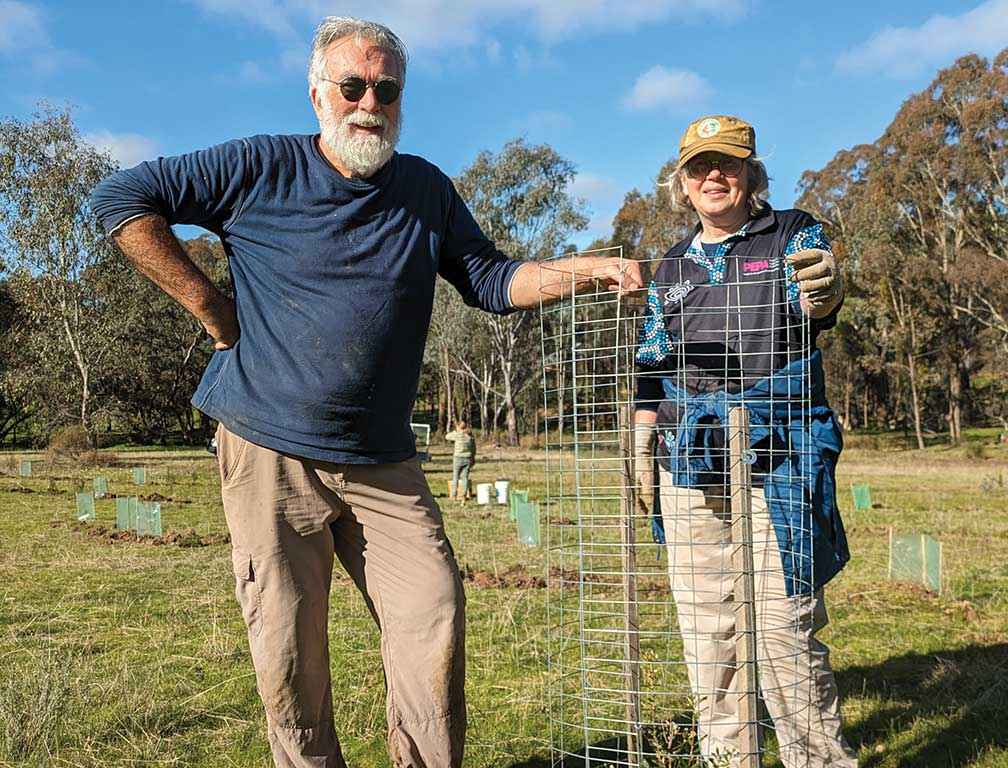 John McMahon and Su Crail with a silver banksia planted on their property in 2022.