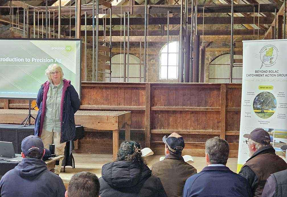 Dr Michelle Casanova discussing why wetlands are important in the landscape at the precision agriculture field day at Lake Bolac in June 2024.